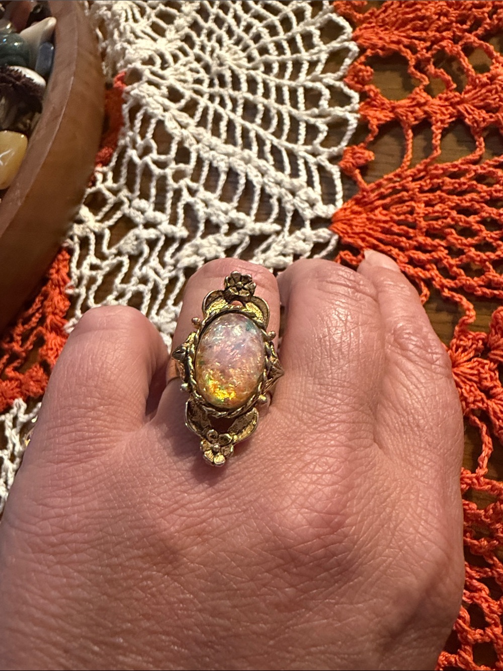 Vintage Avon Faux Opal Floral Statement Ring Gold Tone Adjustable 1970s